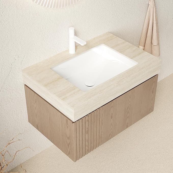 Ambrovina 30" Floating Bathroom Vanity with Sink, Modern Wall Mounted Storage Vanities with Drawer and Door, Roma Travertine Countertop and Ceramic Basin, Pre-Assembled Cabinet, Light Brown