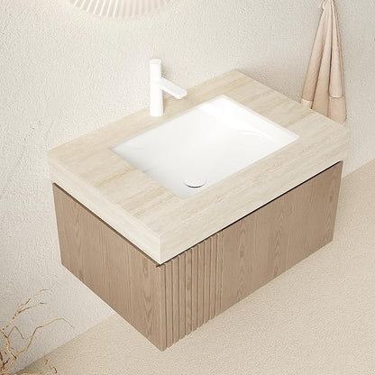 Ambrovina 30" Floating Bathroom Vanity with Sink, Modern Wall Mounted Storage Vanities with Drawer and Door, Roma Travertine Countertop and Ceramic Basin, Pre-Assembled Cabinet, Light Brown
