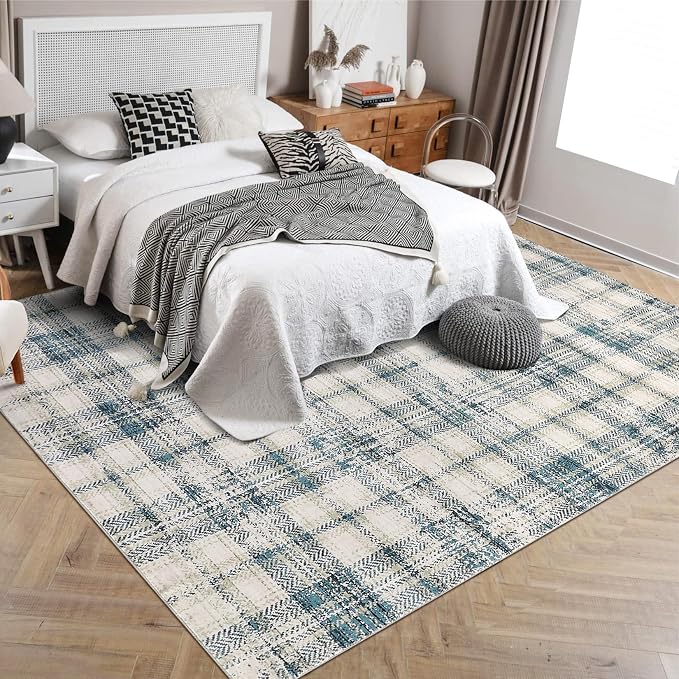 Modern Plaid Area Rugs 9x12 Living Room Washable Soft Rugs for Bedroom Tartan Large Rug Non Slip Throw Rugs Stain Resistant Carpet for Dining Room Office Nursery Rug 9'x12' Green/Beige
