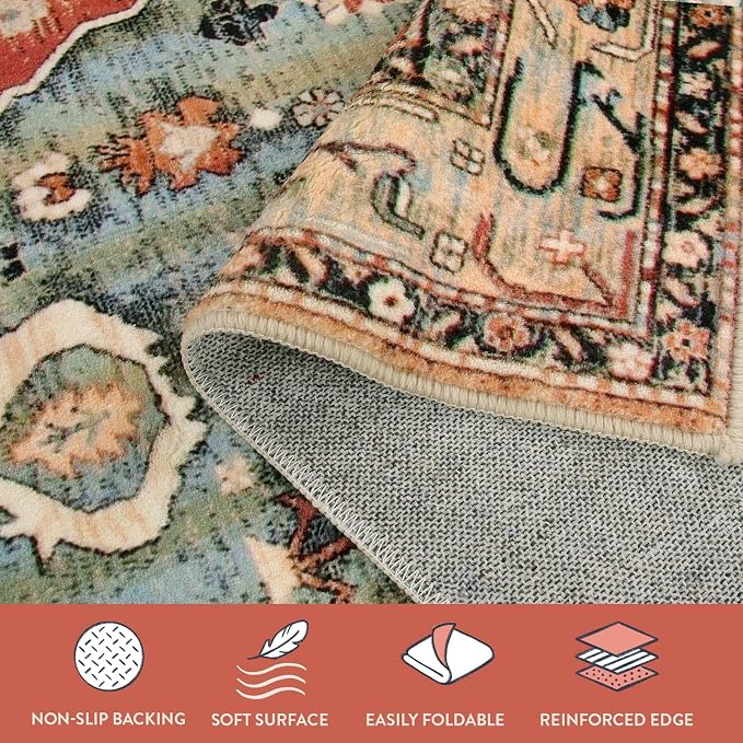 Lahome Boho Tribal 2x4.3 Washable Rug Runners for Hallways Non Slip, Kitchen Bathroom Entryway Carpet Runner, Bohemian Faux Wool Low-Pile Throw Doormat for Laundry Entrance (Rust/Dull Teal,2x4.3ft)