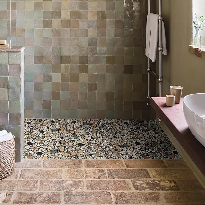 Pebble Stone Mosaic Tiles 5 Sheets, Beige Tan Brown Ceramic Mosaic Sheets Mesh Mounted 12x12, Glazed Porcelain Tile for Shower Floor Kitchen Bathroom Accent Wall Backsplash 【5 Sheets】