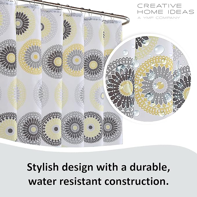 15-Piece Bathroom Shower Curtain Set – Set of 1 Shower Curtain & 12 Metal Hooks & 1 Bath Mat & 1 Contour Mat, Modern Bathroom Décor, Machine Washable, Raquel Gold