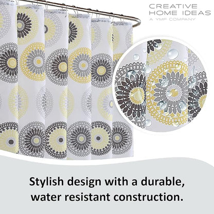 15-Piece Bathroom Shower Curtain Set – Set of 1 Shower Curtain & 12 Metal Hooks & 1 Bath Mat & 1 Contour Mat, Modern Bathroom Décor, Machine Washable, Raquel Gold