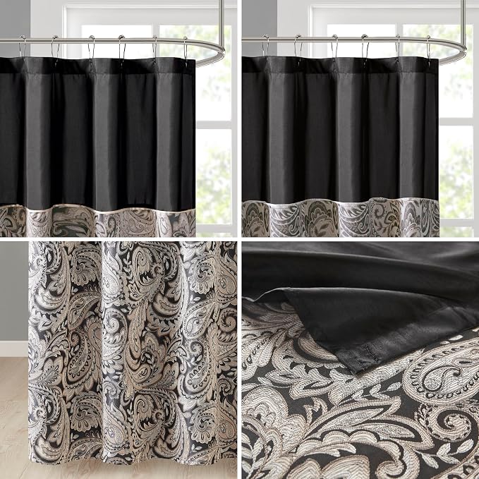 Madison Park - MP70-845 Aubrey Shower Curtain Paisley Jacquard Pieced Microfiber Faux Silk Modern Home Bathroom Decorations Bathtub Privacy Screen, 72" x 72", Black | Microfiber, Adds Privacy, Machine Washable, Striped Pattern, OEKO-TEX Certified