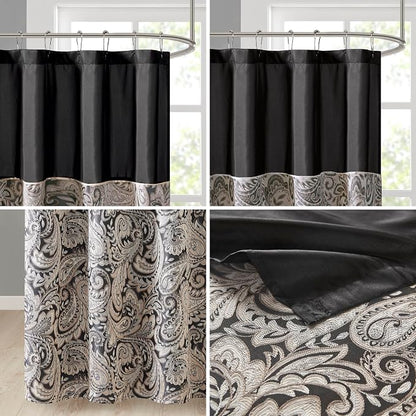 Madison Park - MP70-845 Aubrey Shower Curtain Paisley Jacquard Pieced Microfiber Faux Silk Modern Home Bathroom Decorations Bathtub Privacy Screen, 72" x 72", Black | Microfiber, Adds Privacy, Machine Washable, Striped Pattern, OEKO-TEX Certified