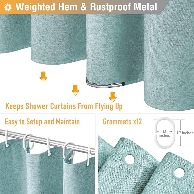 72x78 Linen Textured Waterproof Thick Fabric Shower Curtain Set, Teal | Long Size, 230GSM Polyester, Heavy Duty Cloth, Weighted Hem, 12 Plastic Hooks, Modern Luxury Hotel Style, Machine Washable