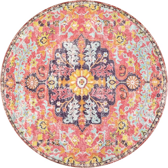 Lahome Bohemian Floral Medallion Round Rug - 4Ft Hot Pink Soft Round Area Rug Bedroom Kitchen Mat, Turkish Washable Indoor Floor Accent Bathroom Carpet for Nursery Living Room Home Office Hallway