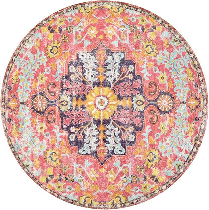 Lahome Bohemian Floral Medallion Round Rug - 4Ft Hot Pink Soft Round Area Rug Bedroom Kitchen Mat, Turkish Washable Indoor Floor Accent Bathroom Carpet for Nursery Living Room Home Office Hallway