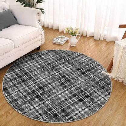 Tartan Plaid Washable Round Rugs 4ft, Non-Slip Soft Ultra-Thin, Small Round Rug Circle Stain Resistant Low Pile Carpet for Entryway Kitchen Bedroom Nursery Bathroom, Black