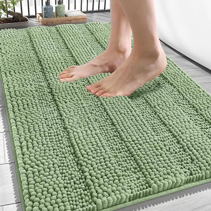 OLANLY Thick Bathroom Rugs 34x21, Chenille Striped Bath Rugs, Sage Green | Rubber Backing, Machine Wash, Extra Soft Absorbent Bath Mats for Bathroom Floor, Tub and Shower, Home Decor Accessories