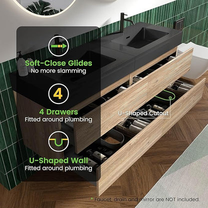60" Floating Bathroom Vanity with Sink Combo, Modern Floating Double Sink Bathroom Vanity with Black Engineered Stone Tops & 4 Soft-Closing Drawers, Large Storage for Apartment, Hotel, Rough Oak
