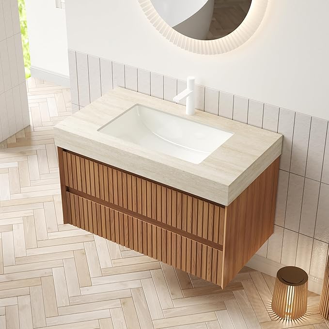 36'' Floating Bathroom Vanity - Wall Mounted Modern Cabinet W/Ceramic Undermount Basin, Plywood Cabinet with Soft Close Drawers, Pre-Assembled, Espresso Woodgrain
