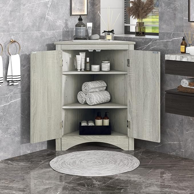 Corner Storage Cabinet with Two Doors for Bathroom, Living Room or Kitchen, Adjustable Shelf, Freestanding Floor Space Saver, Oak