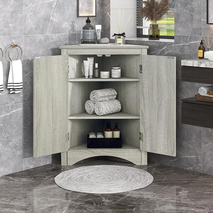 Corner Storage Cabinet with Two Doors for Bathroom, Living Room or Kitchen, Adjustable Shelf, Freestanding Floor Space Saver, Oak