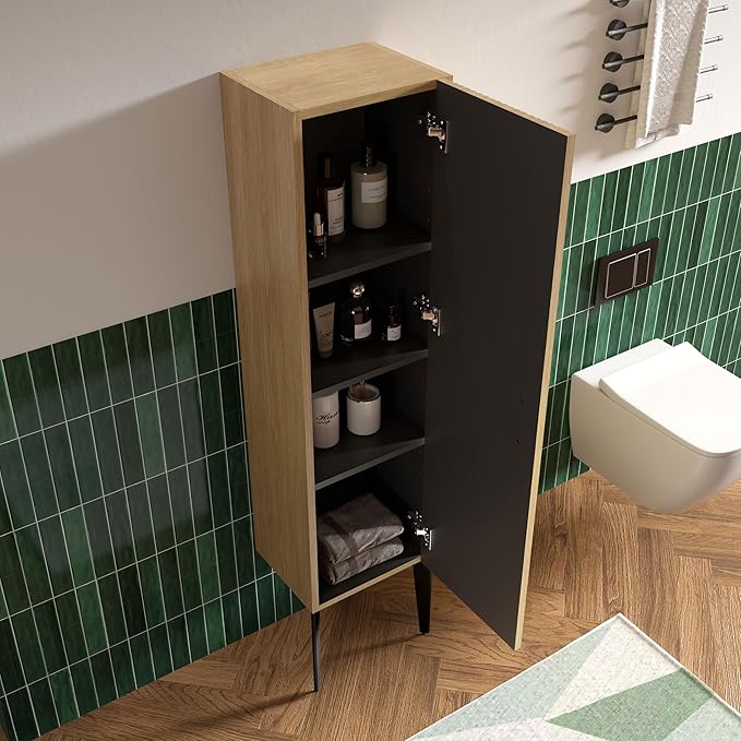 14" Bathroom Side Cabinet, Modern Striped Storage Cabinet with Soft-Closing Door, Adjustable Shelves & Metal Legs, Large Storage for Small Bathroom, Natural Oak, Cypress Collection