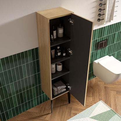 14" Bathroom Side Cabinet, Modern Striped Storage Cabinet with Soft-Closing Door, Adjustable Shelves & Metal Legs, Large Storage for Small Bathroom, Natural Oak, Cypress Collection