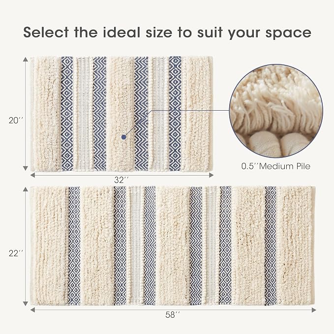 INK+IVY Asher Non-Slip Bath Rug Absorbent Quick Dry Striped, 22 x 58, Navy | Soft Pile, Machine Washable, Striped Pattern, Boho, OEKO-TEX Certified, Hand-Woven Texture, for Bathroom, Shower Room