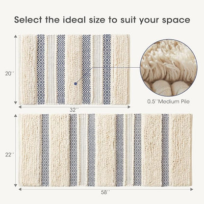 INK+IVY Asher Non-Slip Bath Rug Absorbent Quick Dry Striped, 22 x 58, Navy | Soft Pile, Machine Washable, Striped Pattern, Boho, OEKO-TEX Certified, Hand-Woven Texture, for Bathroom, Shower Room