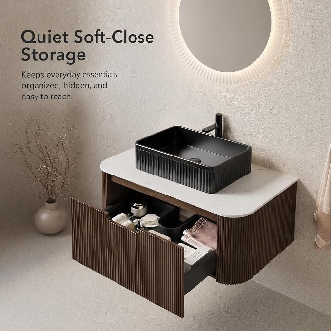 36 Inch Bathroom Vanity with Sink, Floating Wall Mounted Single Sink Vanity, Dark Walnut Curved Fluted Front, Stone Top, Black Textured Rectangular Vessel Basin, Pre-Assembled