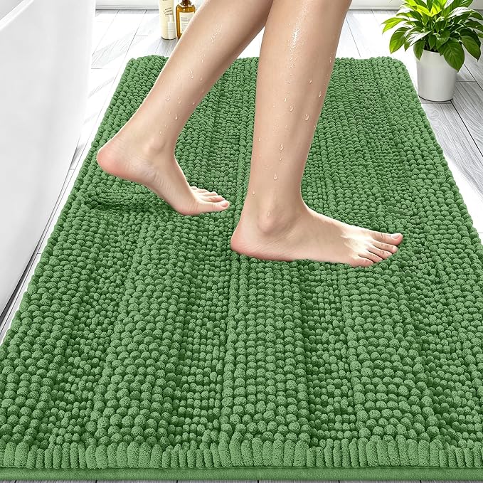 Smiry Thick Small Chenille Bathroom Rugs 24x16, Soft Bath Mat, Olive Green | Quick‑Dry & Machine Washable, Non‑Slip Bath Carpet, Striped Bath Rugs for Tub & Shower, Modern Home Decor Accessories