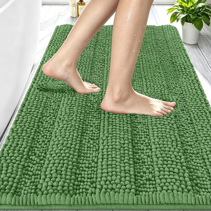 Smiry Thick Small Chenille Bathroom Rugs 24x16, Soft Bath Mat, Olive Green | Quick‑Dry & Machine Washable, Non‑Slip Bath Carpet, Striped Bath Rugs for Tub & Shower, Modern Home Decor Accessories