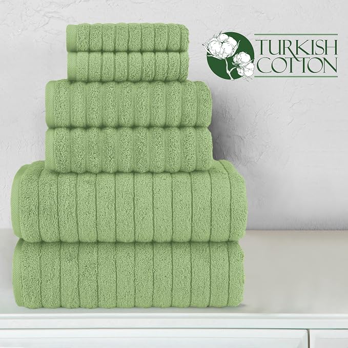 Elegant Comfort 100% Turkish Cotton Corduroy Ribbed Luxury Bath Towels 6-Piece Set, Premium Feel - Quick Dry, Highly Absorbent, Contains 2 Bath Towels, 2 Hand Towels, and 2 Washcloths, Sage