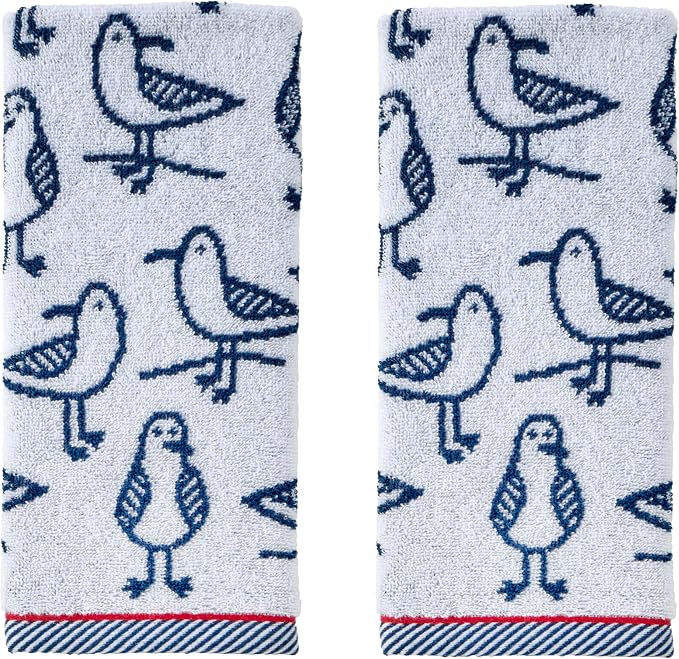 SKL Home Nautical Seagull Sam Hand Towel Set-2pc, Reversible, White | 100% Cotton. Plush & absorbent jacquard. Great for everyday & coastal décor in the bathroom, kitchen or bar.