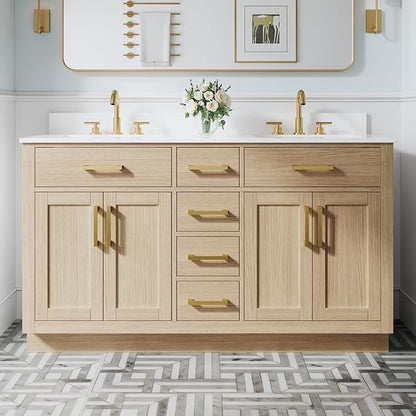 60-Inch Bathroom Vanity with Double Sinks W/ 4 Doors & 4 Drawers & 2 Flip Drawers, Oak Vanity W/Brushed Gold Handles