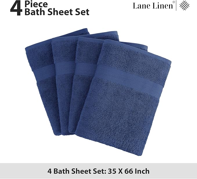 LANE LINEN Bath Sheet Set 100% Cotton 4 Pack Oversized Soft - Navy | Oversized Bath Towels - Coordinated Colors, Everyday Durability, OEKO-TEX Certified, Ring-Spun Durability, Generously Sized