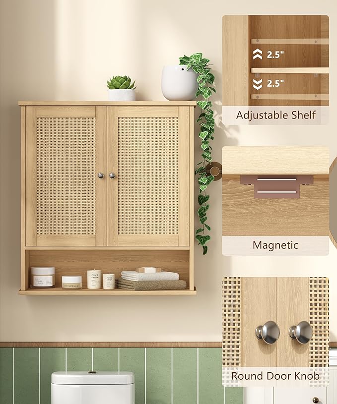 27.6" H Bathroom Wall Cabinet, Modern Medicine Cabinet with Adjustable Shelf & 2 Rattan Doors, Large Over The Toilet Storage Cabinet for Kitchen, Laundry, Living Room, Natural Oak
