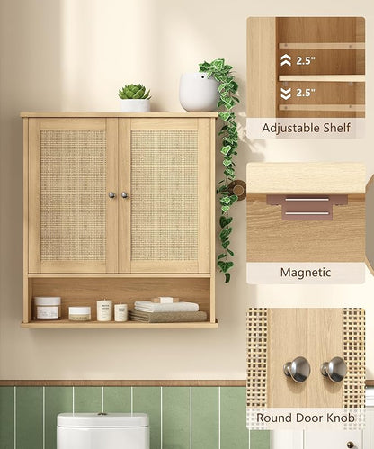 27.6" H Bathroom Wall Cabinet, Modern Medicine Cabinet with Adjustable Shelf & 2 Rattan Doors, Large Over The Toilet Storage Cabinet for Kitchen, Laundry, Living Room, Natural Oak