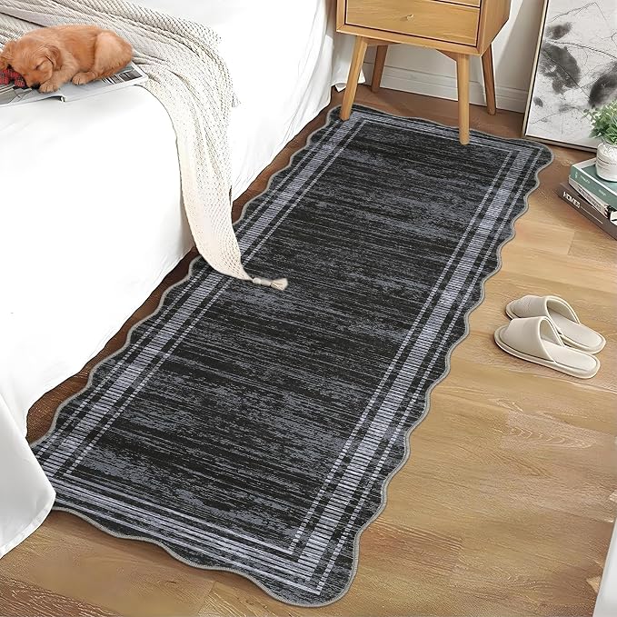 Garvee Washable Runner Rug 2x6 Modern Solid Scalloped Kitchen Runner Black | Modern Long Runner Rug for Entryway Bedroom, Non Slip Low Pile Solid Runner Rugs for Entryway, Nursery Rugs Runner