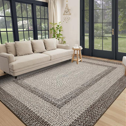 Imitation Braided Collection-Print Modern Area Rug 5x7 Washable Rug Non Slip Non Shedding Farmhouse Floor Cover, Ultra-Thin Foldable Carpet for Bedroom, Living Room Dining Room