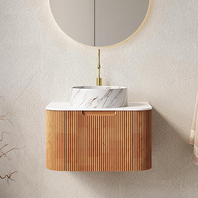 LKTART 24 Inch Floating Bathroom Vanity with Sink, Modern Wall Mounted Bathroom Storage Cabinet with Drawer, Stone Pattern Round White Ceramic Sink Top and Marble Texture Top, Natural Wood