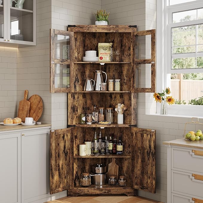 GarveeHome 67" Tall Corner Storage Cabinet, Farmhouse Corner Hutch Display Cabinet with Glass Doors, Wooden Storage Organizer for Kitchen, Living Room, Bathroom, Brown