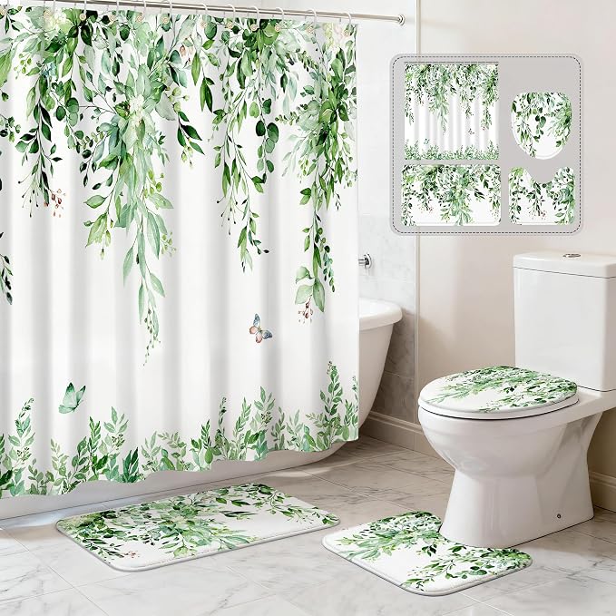 16 Pcs Sage Green Eucalyptus Shower Curtain Set with Rugs | Botanical Leaf Bath Curtains, Quick Absorbent Foam Mats, 120GSM Heavy-Weight Fabric Curtain with 12 Metal Hooks, 72x72 Inch