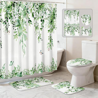 16 Pcs Sage Green Eucalyptus Shower Curtain Set with Rugs | Botanical Leaf Bath Curtains, Quick Absorbent Foam Mats, 120GSM Heavy-Weight Fabric Curtain with 12 Metal Hooks, 72x72 Inch