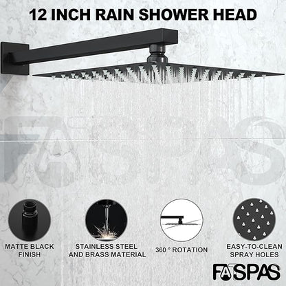 Shower System with Tub Spout, 12-Inch High-Pressure Rain Showerhead and Handheld Combo, Matte Black Shower Faucet Set with Rough-in Valve and Trim, Wall Mounted 3-Way Shower Set