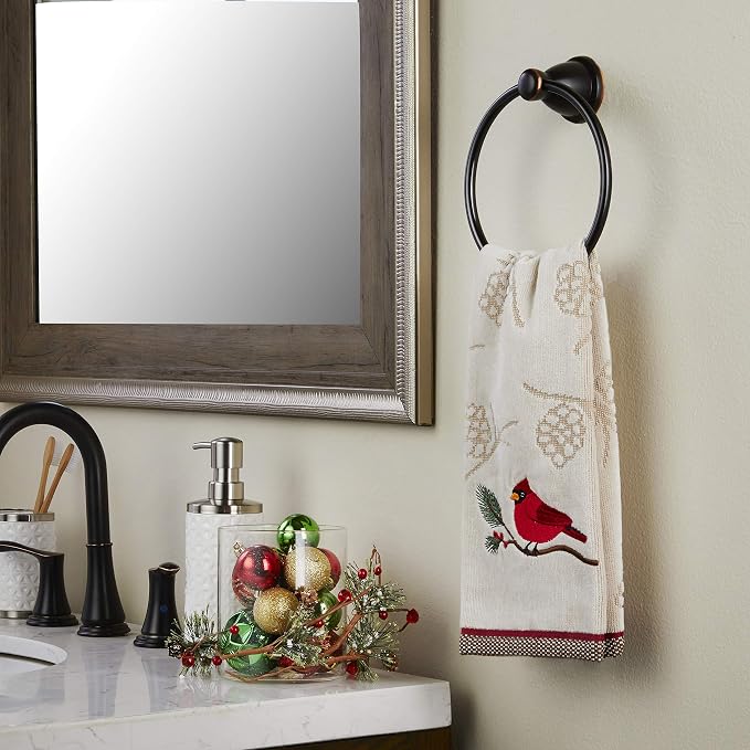 SKL Home Christmas/Winter Cardinal & Branch Hand Towel Set-2pc, Wheat | 100% Cotton. Soft & absorbent pinecone jacquard with embroidery. Great for the bathroom, kitchen or bar & holiday gifting.