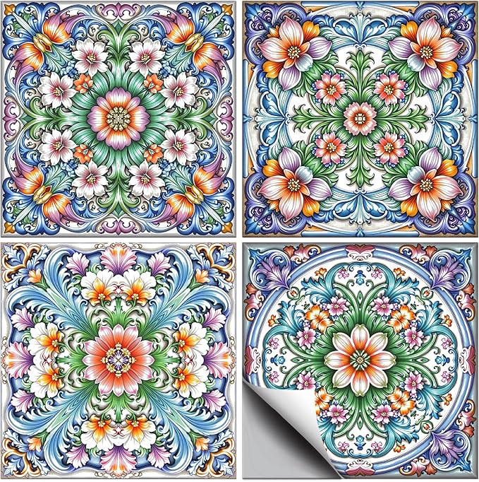36 Pcs 4 Styles Retro Floral Patten Tile Sticker Imitation 3D Relief Patten Wall Tile Stickers Waterproof Self Adhesive Stick on Decals for Kitchen Bathroom Wall 4×4 Inch