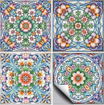36 Pcs 4 Styles Retro Floral Patten Tile Sticker Imitation 3D Relief Patten Wall Tile Stickers Waterproof Self Adhesive Stick on Decals for Kitchen Bathroom Wall 4×4 Inch