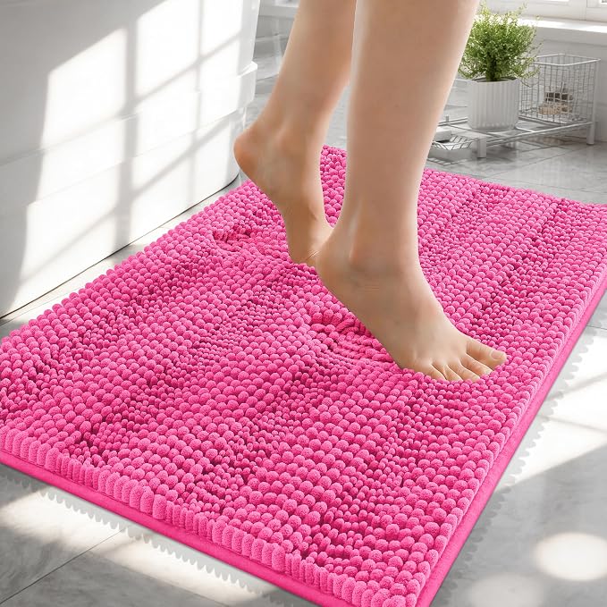OLANLY Thick Small Bathroom Rugs 24x16, Soft Chenille Bath Rugs, Hot Pink | Rubber Backing, Machine Wash, Extra Absorbent Striped Bath Mats for Bathroom Floor, Tub and Shower, Home Decor Accessories