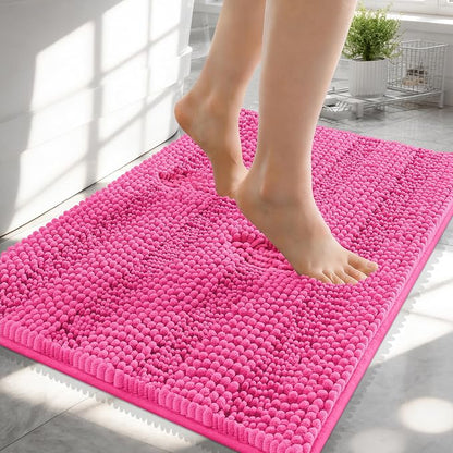 OLANLY Thick Small Bathroom Rugs 24x16, Soft Chenille Bath Rugs, Hot Pink | Rubber Backing, Machine Wash, Extra Absorbent Striped Bath Mats for Bathroom Floor, Tub and Shower, Home Decor Accessories