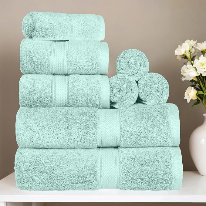 SUPERIOR Egyptian Cotton Ultra Plush & Absorbent, 8 Piece Set, Sea Foam | Quick Dry, Soft Luxury Towel Set, Bath Essentials, Guest Bath, Spa, 2 Bath, 2 Hand, 4 Face Towels, Madeline Towels
