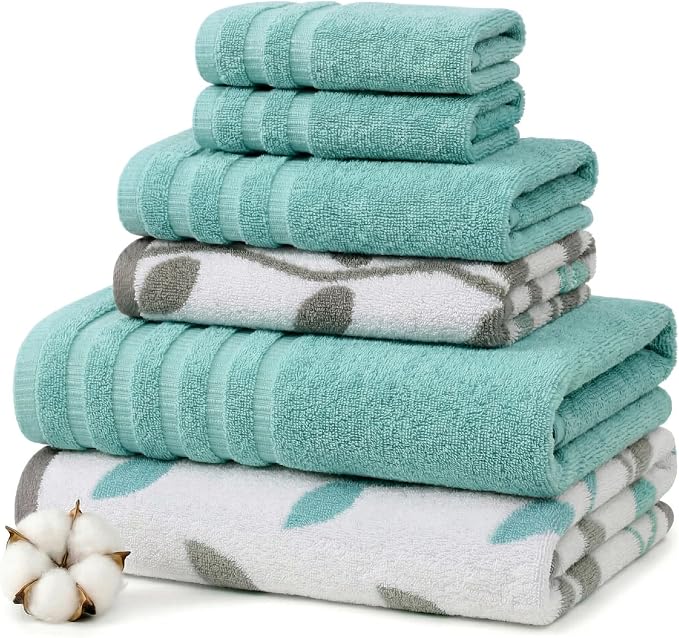 Modern Threads 6 Piece Bath Towel Set – Bathroom Set with 2 Bath Towels, 2 Hand Towels, and 2 Wash Cloths – 100% Cotton, Super Absorbent & Extra Soft – Reversible Natural Vine (Aqua)