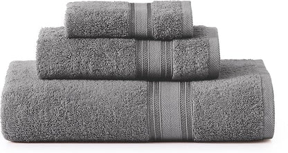 LANE LINEN Bathroom Towel Set 3 Piece Soft Absorbent Quick Dry - Cool Grey | Pack Of Towels - Coordinated Colors, Dobby Border Accent, OEKO-TEX Certified, Zero-Twist Durability, Zero-Twist Cotton