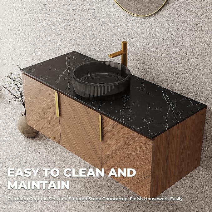 LKTART 48 Inch Bathroom Vanity with Sink, Modern Wall Mounted Bathroom Sink with 3 Doors, Black Sintered Stone Countertop and Black Round Glass Basin, Brown