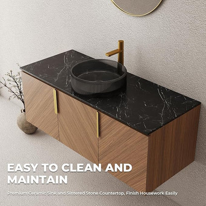 LKTART 48 Inch Bathroom Vanity with Sink, Modern Wall Mounted Bathroom Sink with 3 Doors, Black Sintered Stone Countertop and Black Round Glass Basin, Brown