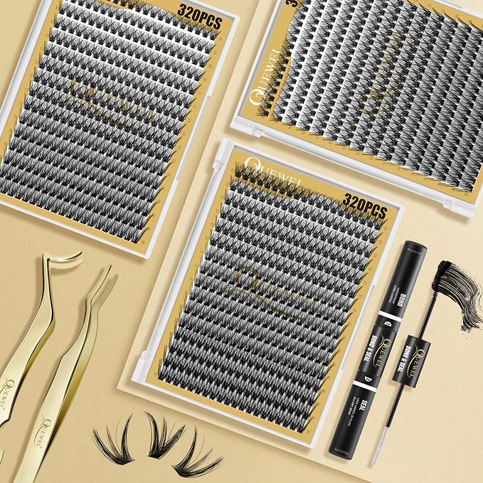 QUEWEL Lash Clusters 320Pcs 50D C Curl Lash Cluster Eyelash Extensions | Cluster Lashes Mix12-18mm Individual Eyelashes Clusters Wispy Lash Clusters Thin Band Soft to Use at Home(50D C Mix12-18)