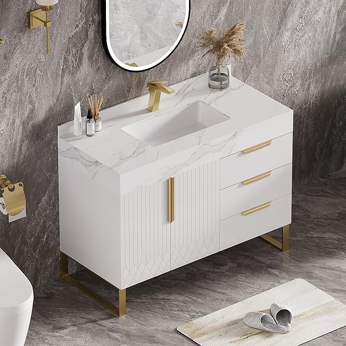homary 36" Freestanding Bathroom Vanity Set with Single Sink, Modern Bathroom Sink Cabinet Storage Cabinet with Sintered Stone Countertop and Ample Storage, White